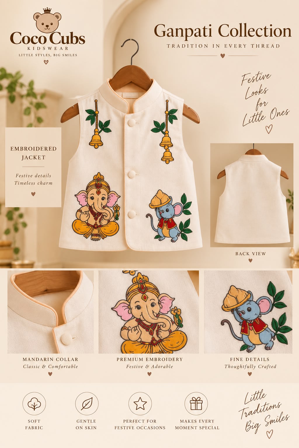Ganpati Embroidered Nehru Jacket — Cream