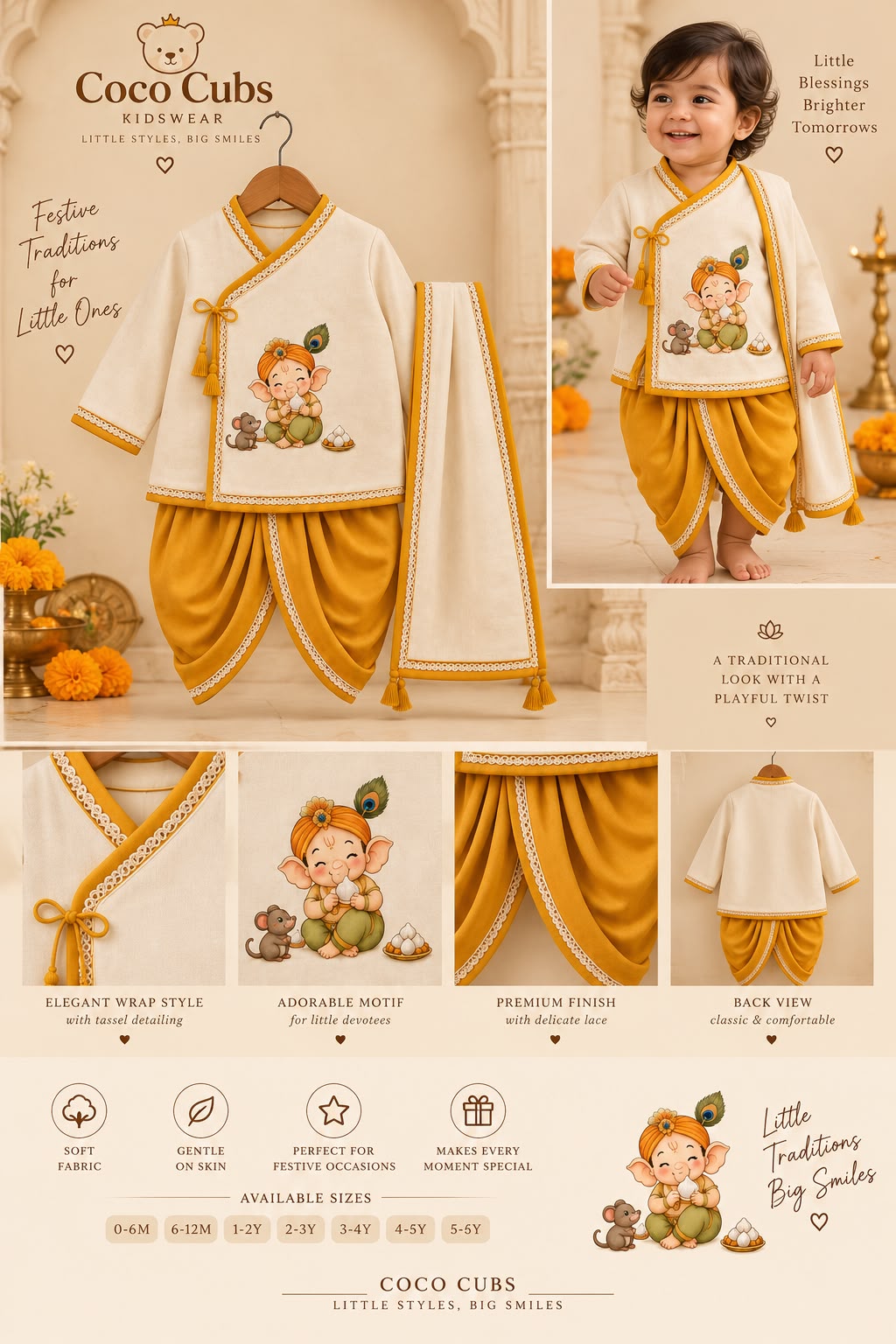 Ganpati Angrakha Kurta Dhoti Set β Mustard