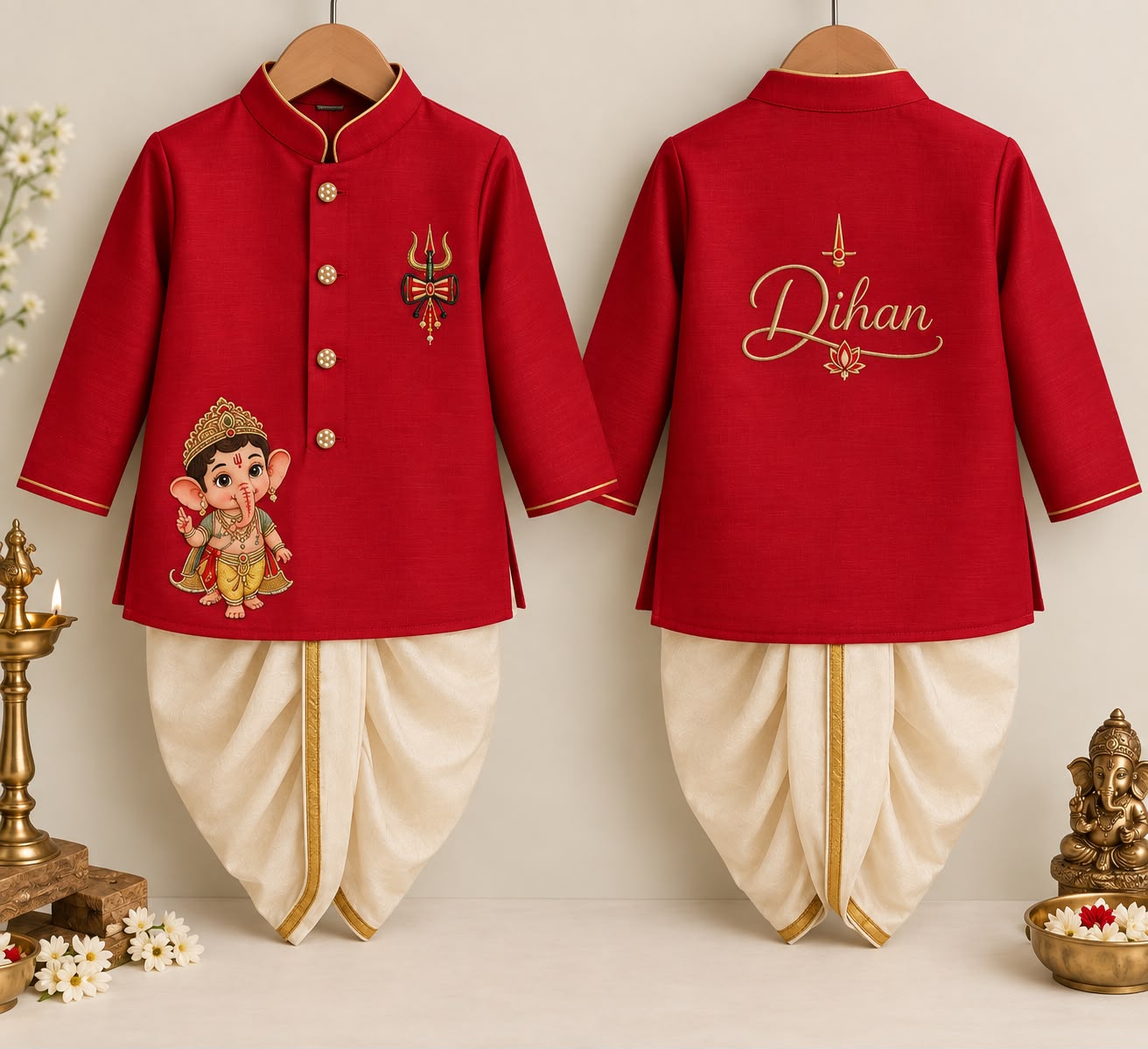 Ganpati Personalised Kurta Dhoti Set — Red