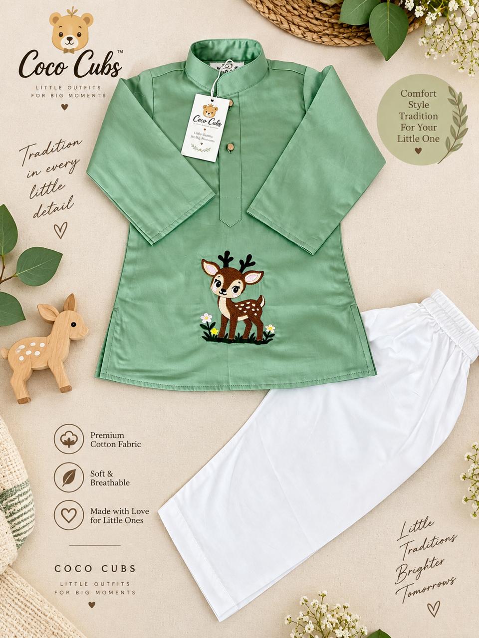 Deer Kurta Pajama Set — Sage Green