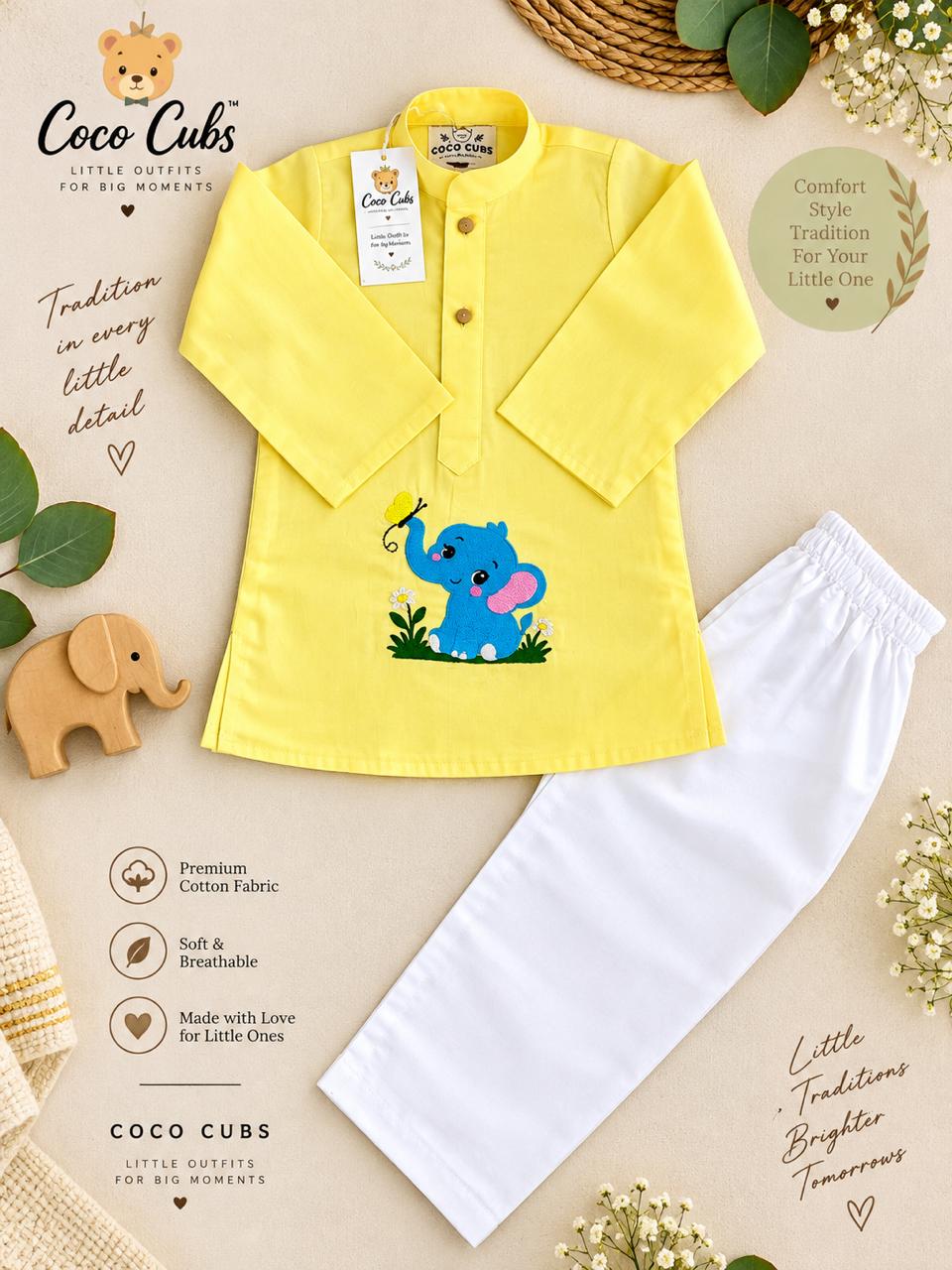 Elephant Kurta Pajama Set — Yellow